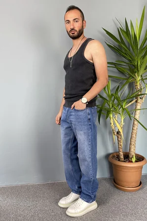 Taşlanmış Mavi Kot Pantolon Regular Kalıp
