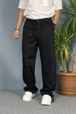 Bağcıklı Baggy Kalıp Siyah Jean - Kot Pantolon