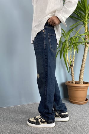 Baggy Kalıp Lacivert Denim Jean - Kot Pantolon Yırtık Detaylı