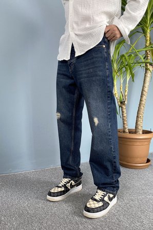 Baggy Kalıp Lacivert Denim Jean - Kot Pantolon Yırtık Detaylı