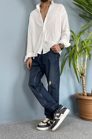Baggy Kalıp Lacivert Denim Jean - Kot Pantolon Yırtık Detaylı
