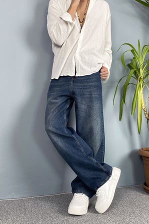Lacivert Taşlanmış Baggy Kalıp Jean - Kot Pantolon
