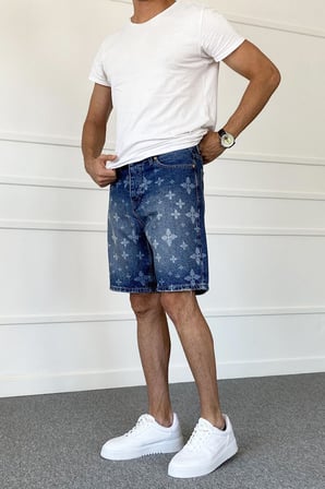 Desenli Denim Jean Şort Regular Kalıp