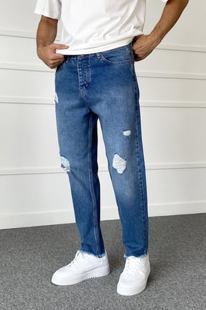 Yırtık Detaylı Boyfriend Mavi Jean - Kot Pantolon
