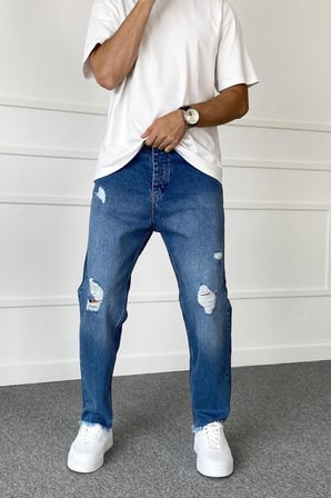 Yırtık Detaylı Boyfriend Mavi Jean - Kot Pantolon