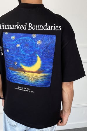 Unmarked Boundaries Baskılı Bisiklet Yaka Oversize Siyah Tişört