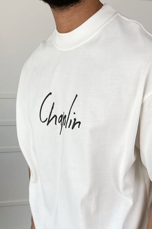 Charlie Chaplin Baskılı Bisiklet Yaka Oversize Siyah Tişört