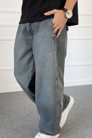Baggy Kalıp Eskitme Antrasit Yıkamalı Denim Jean Kot Pantolon | STK2016-Jean