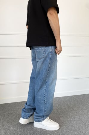 C Nakışlı Mavi Baggy Kalıp Denim Jean Kot Pantolon | STK2062-Jean