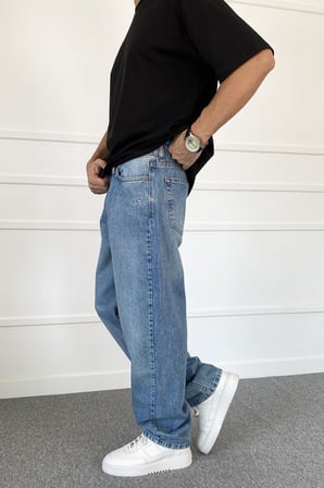 C Nakışlı Mavi Baggy Kalıp Denim Jean Kot Pantolon | STK2062-Jean