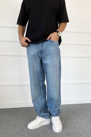 C Nakışlı Mavi Baggy Kalıp Denim Jean Kot Pantolon | STK2062-Jean