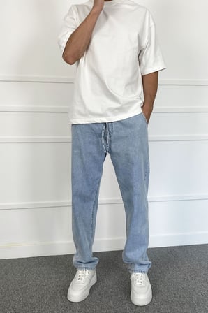 Beli Lastikli Bağcıklı Baggy Kalıp Jean