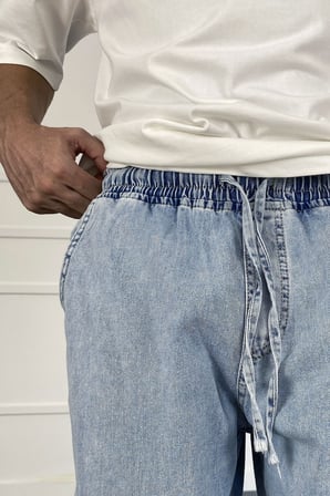 Beli Lastikli Bağcıklı Baggy Kalıp Jean
