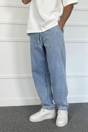 Beli Lastikli Bağcıklı Baggy Kalıp Jean