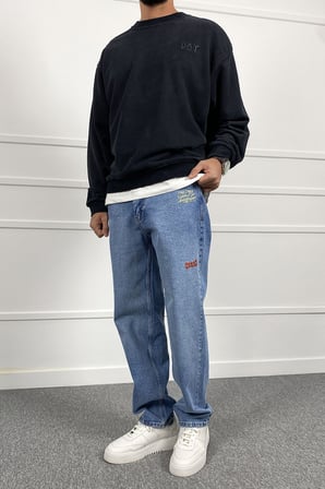Eskitme Nakışlı Yıkamalı Regular Kalıp Denim Jean Kot Pantolon