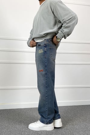 Eskitme Nakışlı Yıkamalı Regular Kalıp Denim Jean Kot Pantolon