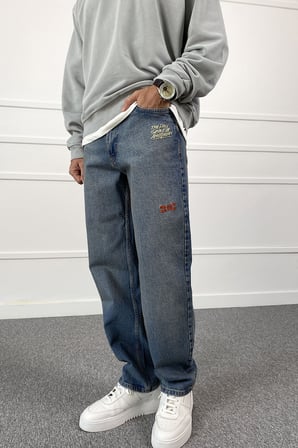 Eskitme Nakışlı Yıkamalı Regular Kalıp Denim Jean Kot Pantolon