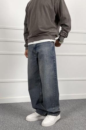 Eskitme Yıkamalı Baggy Bol Kalıp Denim Mavi Jean