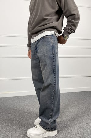 Eskitme Yıkamalı Baggy Bol Kalıp Denim Mavi Jean