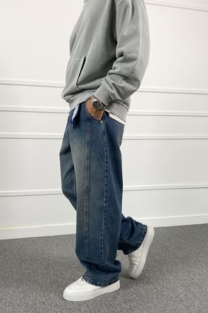 Şerit Detaylı Mavi Baggy Jean | STK2114-Jean