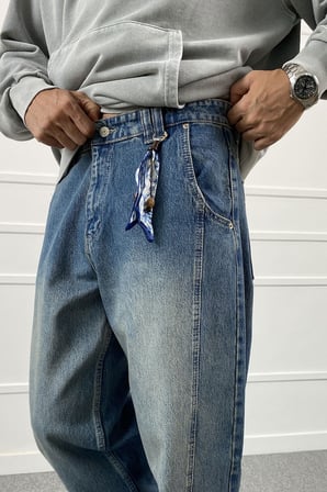 Şerit Detaylı Mavi Baggy Jean | STK2114-Jean