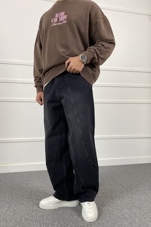 Şerit Detaylı Siyah Baggy Jean | STK2115-Jean