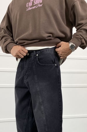 Şerit Detaylı Siyah Baggy Jean | STK2115-Jean