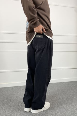 Şerit Detaylı Siyah Baggy Jean | STK2115-Jean