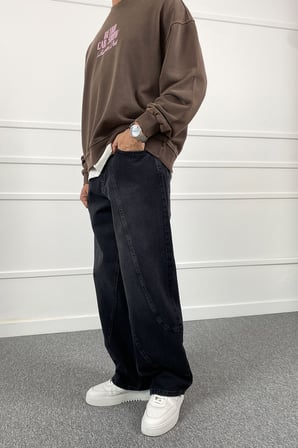 Şerit Detaylı Siyah Baggy Jean | STK2115-Jean