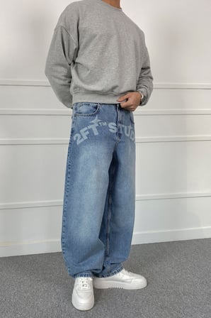 Studio Baskılı Loose Fit Mavi Jean