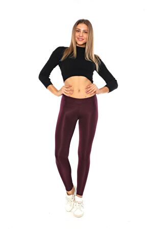 Yüksek Bel Parlak Disco Tayt Mürdüm-XS