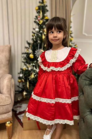 Kız Çocuk Bebek Elbise Dantelli Uzun Kol Astarlı Vintage Doğum Günü Parti Düğün Özel Gün Bayramlık Elbise