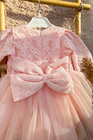 Kız Bebek Çocuk Elbise Dantel Güpürlü Doğum Günü Parti Düğün Özel Gün Tüllü Astarlı Prenses Abiye Elbise