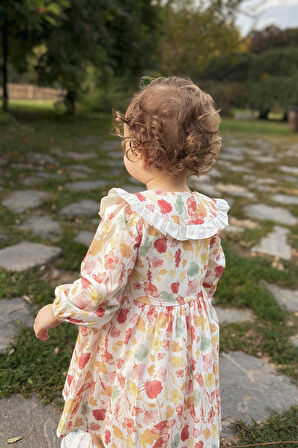 Kız Bebek Kız Çocuk Çiçekli Bebe Yaka Düğmeli Uzun Kollu Doğum Günü Parti Özel Gün Bayramlık Astarlı Elbise 