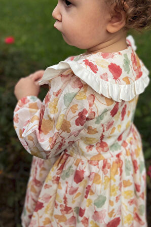 Kız Bebek Kız Çocuk Çiçekli Bebe Yaka Düğmeli Uzun Kollu Doğum Günü Parti Özel Gün Bayramlık Astarlı Elbise 