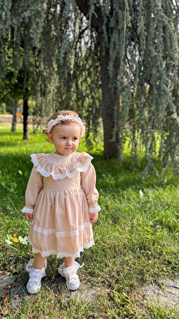 ALYRA Kız Çocuk Bebek Elbise Uzun Kollu Fırfırlı Dantelli Astarlı Özel Gün Parti Doğum Günü Günlük Keten Bayramlık Elbise