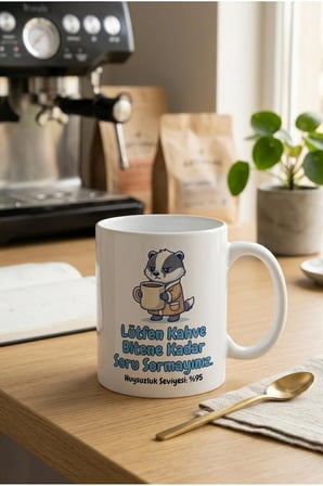 Alya Gift Shop Kişiye Özel Huysuz Porsuk Tasarımlı Komik Kahve Kupası - "Kahve Bitene Kadar Soru Sormayınız"
