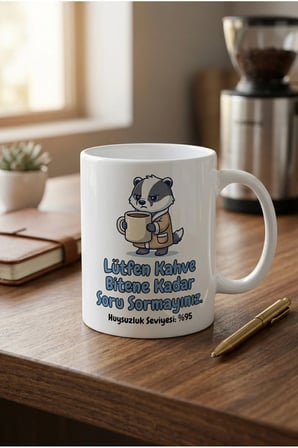 Alya Gift Shop Kişiye Özel Huysuz Porsuk Tasarımlı Komik Kahve Kupası - "Kahve Bitene Kadar Soru Sormayınız"