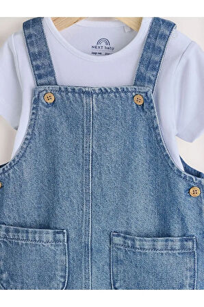 %100 Pamuklu Mavi Denim Salopet Body Zıbın Set
