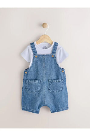 %100 Pamuklu Mavi Denim Salopet Body Zıbın Set