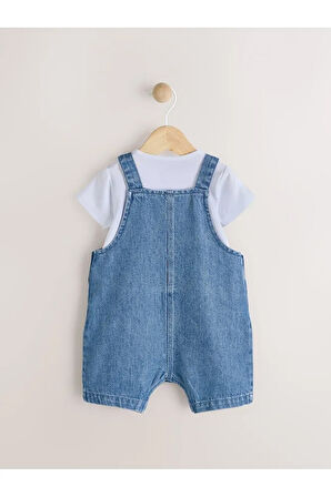 %100 Pamuklu Mavi Denim Salopet Body Zıbın Set