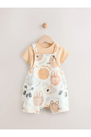 %100 Pamuklu Krem Safari Salopet Body Zıbın Set