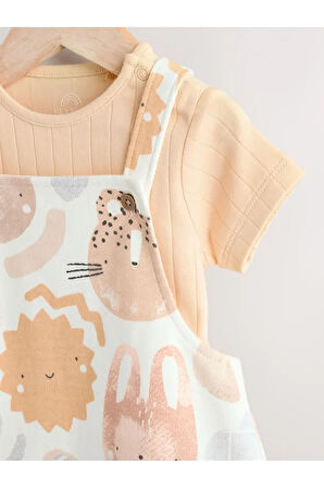 %100 Pamuklu Krem Safari Salopet Body Zıbın Set