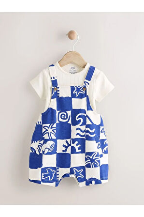 %100 Pamuklu Mavi Baskılı Salopet Body Zıbın Set