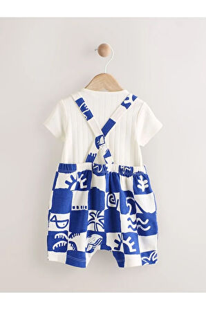 %100 Pamuklu Mavi Baskılı Salopet Body Zıbın Set