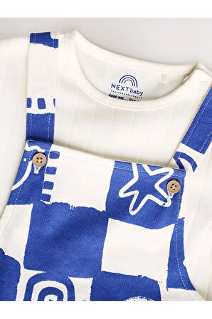 %100 Pamuklu Mavi Baskılı Salopet Body Zıbın Set