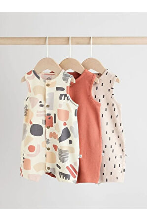 %100 Pamuklu Krem Kiremit Baskılı 3'lü Romper Set