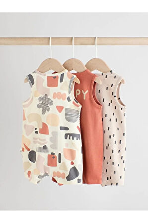 %100 Pamuklu Krem Kiremit Baskılı 3'lü Romper Set