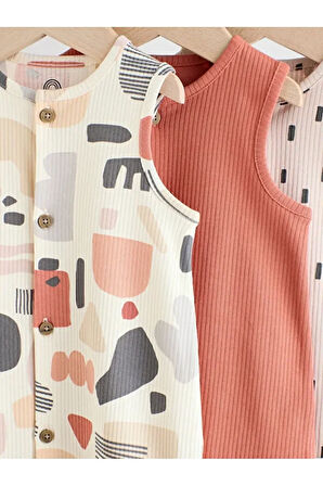 %100 Pamuklu Krem Kiremit Baskılı 3'lü Romper Set