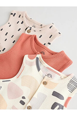 %100 Pamuklu Krem Kiremit Baskılı 3'lü Romper Set